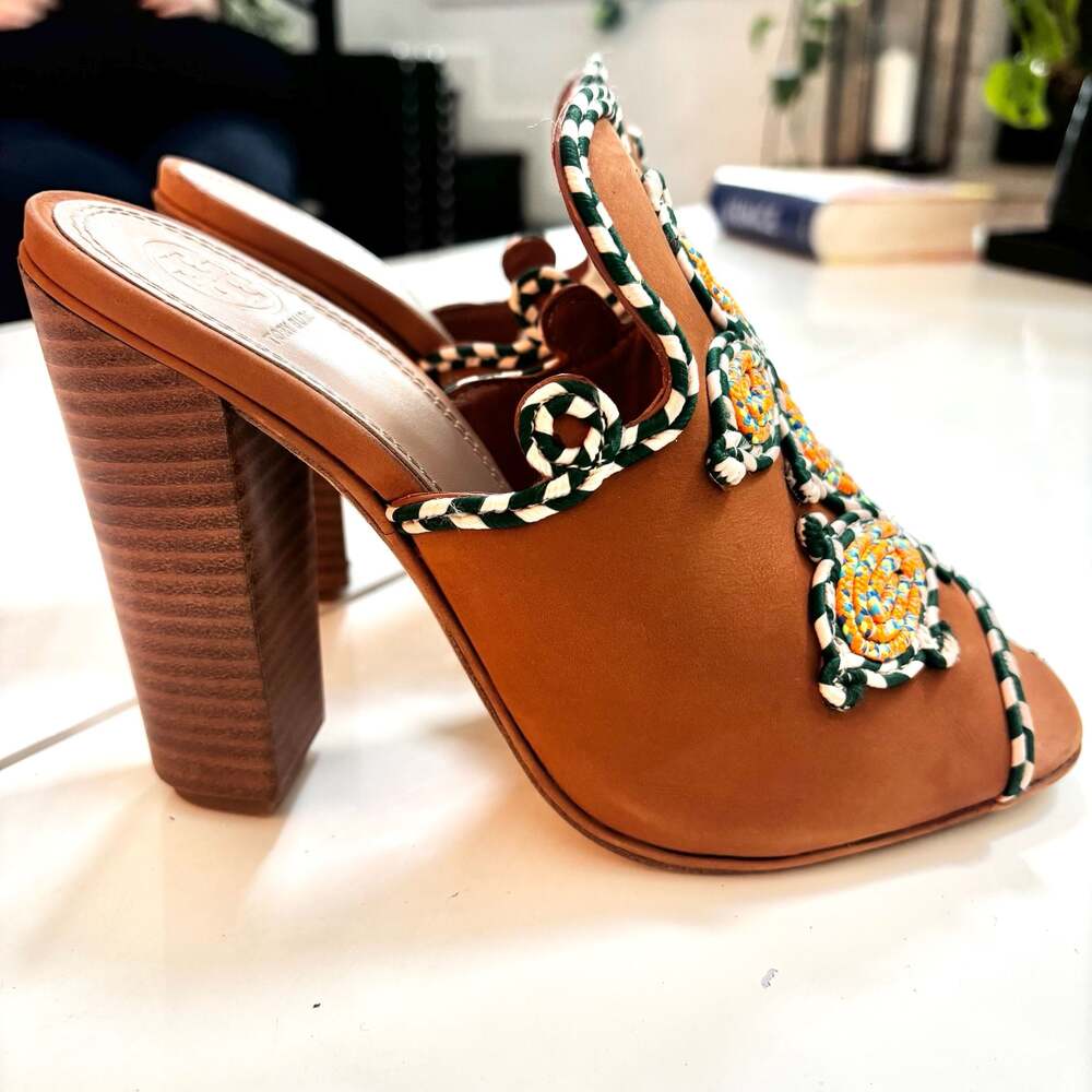 Tory Burch Brown Leather Embroidered Peep Toe Mule Heels Size 7.5M